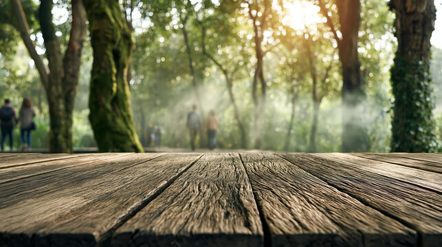Ground level wooden deck in sunny forest with blurred walkers and light rays through trees for summer outdoor travel and wellness advertising