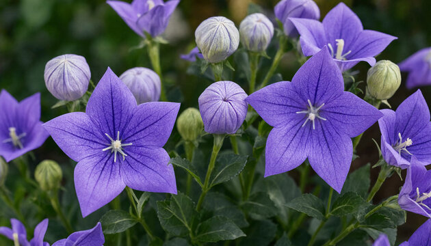 A close-up of vibrant purple balloon flowers, platycodon grandiflorus, showing both fully opened star-shaped blooms and rounded, unopened buds
