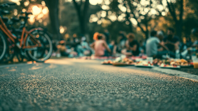 Ground level park picnic with bicycle blurred friends and food trays in warm sunset light for summer outdoor lifestyle and leisure promotion
