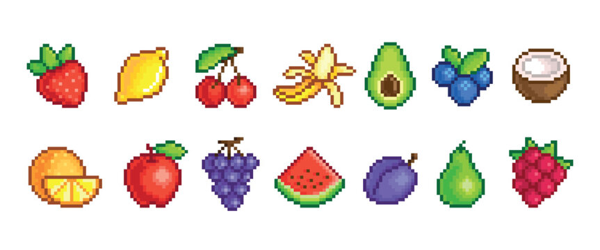 Pixel fruits. Pixelated icons fruit, 8 bit arcade game elements. Fresh banana, cherry, lemon, orange, avocado and watermelon slice, tidy vector clipart