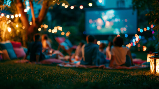Low angle blurred backyard movie night with people on grass colorful string lights and projector screen at dusk for summer outdoor lifestyle promotion