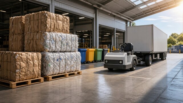 Waste collection and transportation in a recycling facility with packed materials and a truck in the afternoon sunlight
