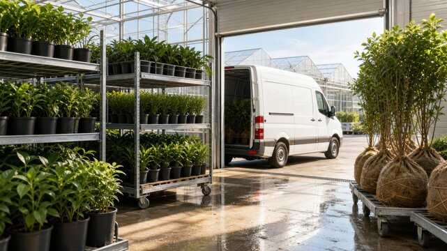 Van arrives at greenhouse with plants ready for delivery