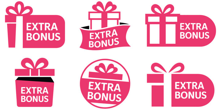 Gift box icons featuring extra bonus labels, ribbon packages, Christmas presents, surprise badges, wrapping stickers, and flat style symbols in black vector illustration.