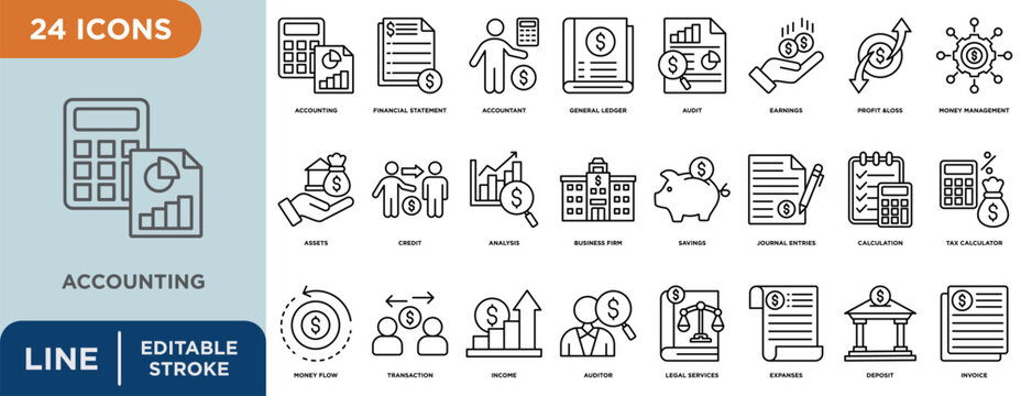 Accounting line icon set with editable stroke for financial statement, accountant, general ledger, audit, earnings, profit and loss, and money management