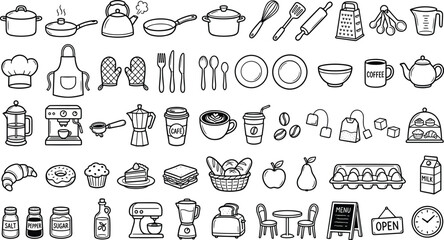 Obraz premium Hand drawn kitchen utensils and food items collection a black and white doodle style illustration
