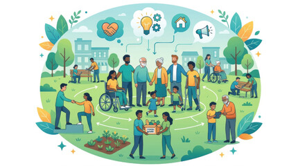 Naklejka premium Inclusive Community Support Illustration Featuring Diverse People Working Together for Social Welfare and Neighborhood Assistance.