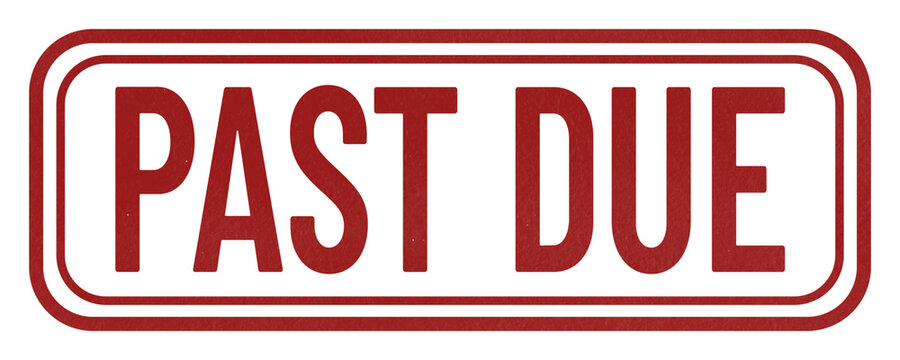 Red PAST DUE ink stamp with a distressed double rectangular border, isolated on a transparent background for overdue invoices, payments, and account notices.