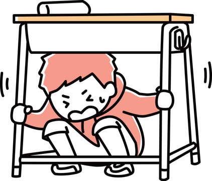 地震が来て机の下に避難する男の子_2色