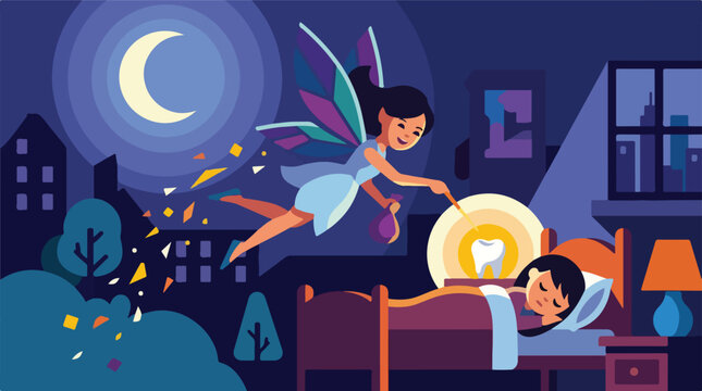 Cute tooth fairy flying into bedroom vector. Magic fairy visiting sleeping child at night vector illustration. Little girl sleeping while tooth fairy collects tooth.