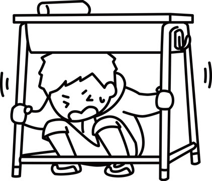 地震が来て机の下に避難する男の子_線画