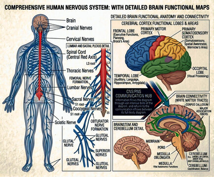 An anatomical chart of the human peripheral nervous system on a white background. The diagram features labeled structures, including the brain, cranial nerves, cervical nerves, brachial plexus, spinal