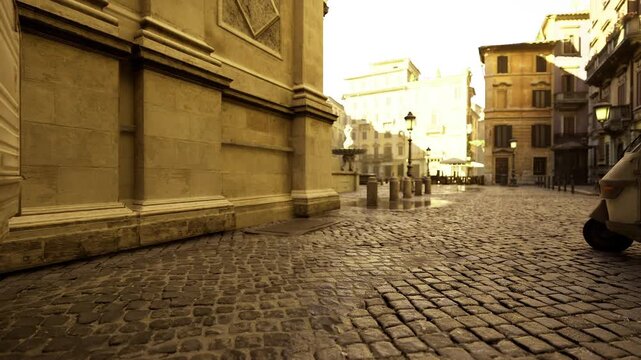 angled cobblestone path leading toward sunlit facade and quiet steps, textured foreground and warm light create intimate urban corner ideal for lifestyle