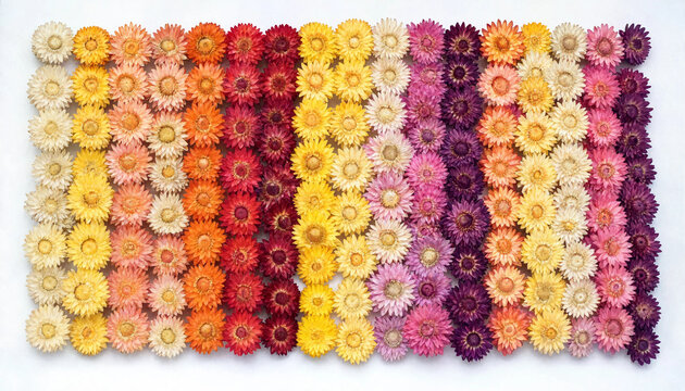 A vibrant collection of dried strawflowers arranged in a rectangular grid pattern with a gradient of warm and cool colors on white background