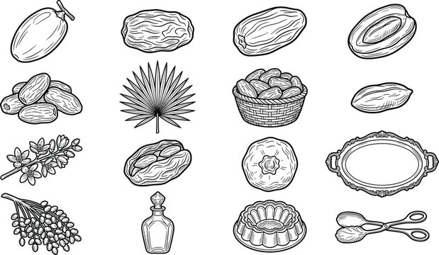 Dates Fruit Line Art Icon Set with Palm Leaves, Basket, Serving Tray, Syrup Bottle, and Dried Sweet Fruits for Ramadan and Food Packaging