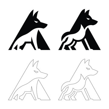 Abstract geometric logo design featuring a stylized wolf or fox icon in various forms