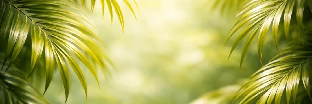 Tropical palm leaves framing a sunlit green website banner background in seamless loop.
