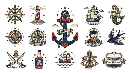 Obraz premium Nautical Icons Collection: Anchor, Ship, Mermaid, Lighthouse, Compass, Pirate