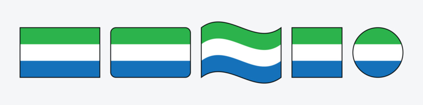 Sierra Leone Flag Vector Icons Set with Black Stroke Outline in Rectangular Rounded Waving Square and Circle Geometric Shapes