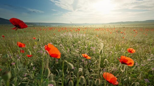 Close up slider shot moving smoothly right along beautiful blooming red poppy flowers in a field at sunset. Cinematic countryside nature footage under a blue sky with bright sunburst for summer travel