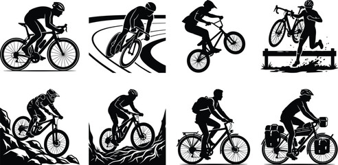 Obraz premium Set of black silhouette cyclist icons featuring mountain, road, bmx, cyclocross, and touring bicycle riders