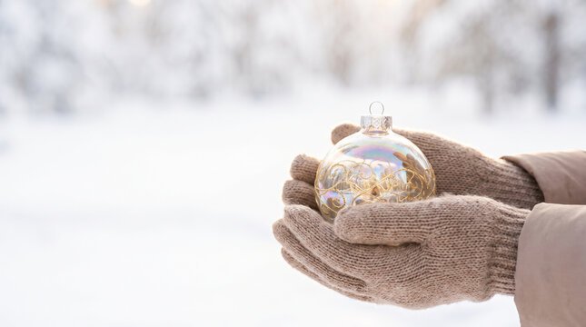 Hands in warm gloves holding a delicate glass Christmas ornament against a blurred snowy winter landscape with copy space
