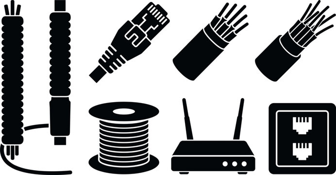 Network Cable and Internet Hardware Icon Set Featuring Silhouettes of Ethernet Connectors, Router, Wire Spool, Wall Socket, and Fiber Optics