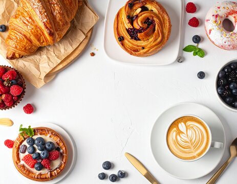 Premium Bakery Breakfast Flat Lay with Croissants, Donuts, Danish Pastries, Fresh Berries and Latte Coffee on White Background with Copy Space