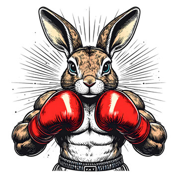 A Rabbit wearing boxing gloves in fighting stance looks determined powerful and full of energetic retro comic line art energy generative AI