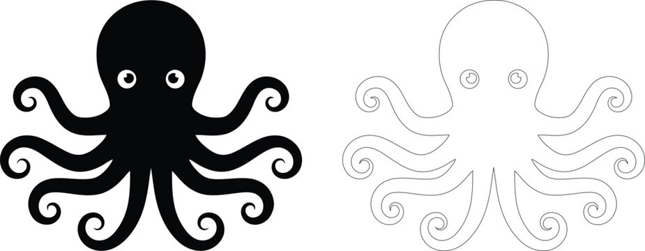 Stylized black octopus silhouette with curly tentacles and a separate white outline illustration