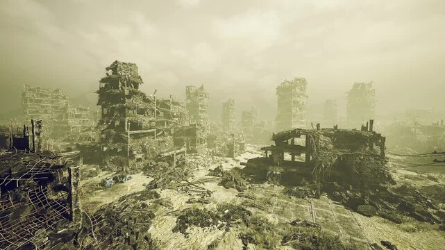 drone survey scans crumbled avenue for salvage with hovering sensors, mapped rubble, twilight glow, distant towers and methodical search pattern