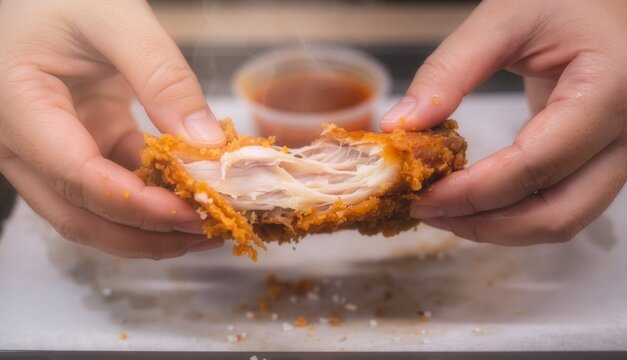 Close-up of hands pulling apart a piece of hot crispy fried chicken, revealing tender juicy white meat with rising steam. Dipping sauce blurred in the background. Fast food photography.