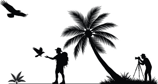 A traveler with a backpack and a photographer under a palm tree in a black and white silhouette