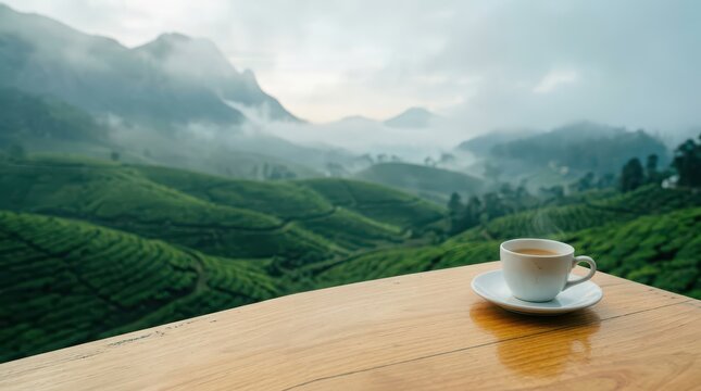 Coffee Cup on Wooden Table with Misty Tea Plantations Landscape image photo