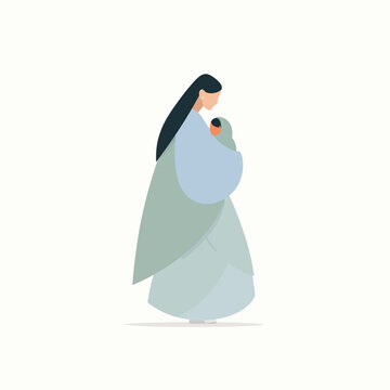 Mother holding baby in flowing dress illustration