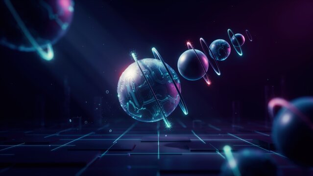 Abstract futuristic background featuring glowing neon planets in dark space environment