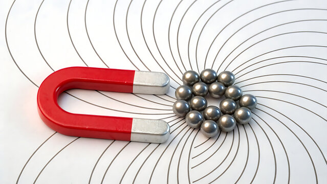 Horseshoe magnet attracting metal ball bearings in science experiment. Red U-shaped magnet demonstrating magnetic force and physics principles.