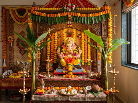 Decorated Ganesh Chaturthi home mandap with Lord Ganesha idol, floral garlands and traditional festive decorations
