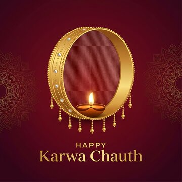 Happy karwa chauth greeting card with decorative sieve, diya lamp and mandala