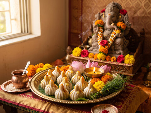 Steamed modak offered before Lord Ganesha during Ganesh Chaturthi home worship with traditional festive decorations
