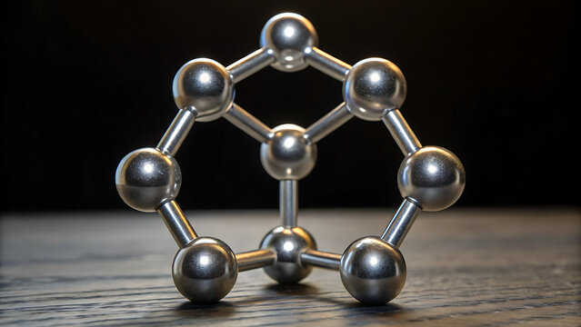 3D metallic molecular structure model on dark background. Silver geometric science atom design for research and technology concepts.