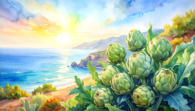 Green artichokes growing beneath soft Mediterranean sunlight looks peaceful rustic and full of elegant coastal garden watercolor scenery illustration generative AI
