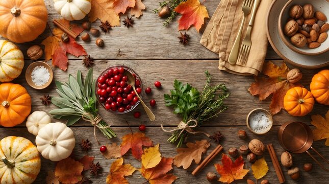 Festive thanksgiving background with pumpkins cranberries autumn leaves holiday table setting