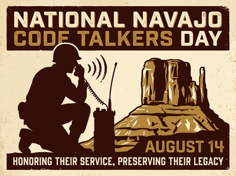 Vintage style poster showing a soldier communicating via radio during National Navajo Code Talkers Day.
