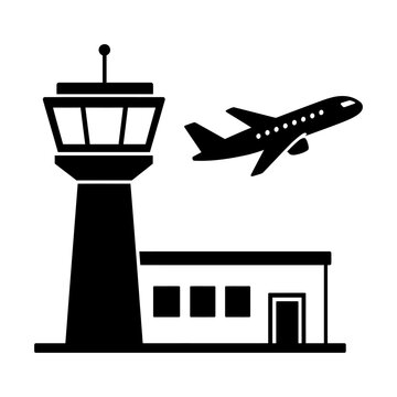 Airplane taking off near a control tower and airport terminal in a clean, black-and-white vector illustration.