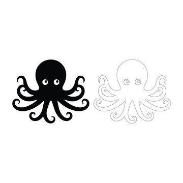 Two cartoon octopuses one solid black and one outline on a white background