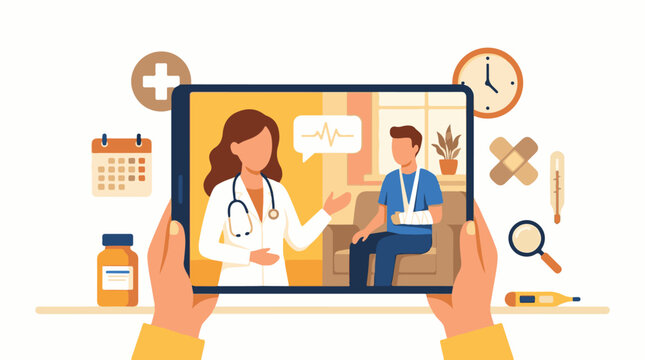 Digital doctor consultation with patient showing a broken arm on tablet