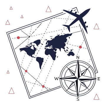 World travel concept with plane route around earth map, detailed compass rose, and scattered red triangles for global adventure.