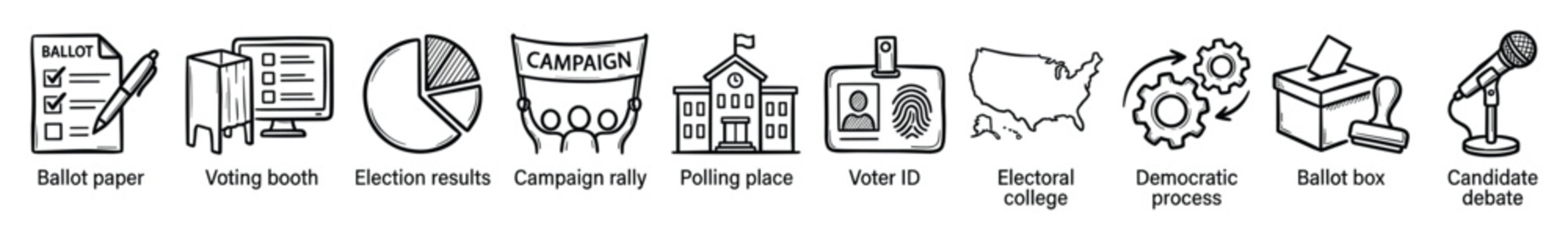 Set of hand drawn election and voting icons representing the democratic political process