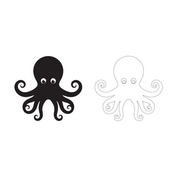 Simple black and white cartoon octopus vector graphic illustration with swirling tentacles